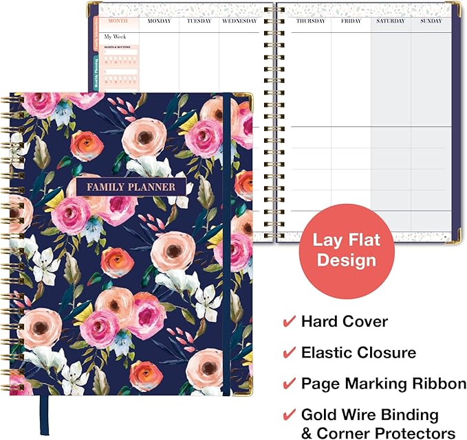 Undated Family Planner Organizer – 8.5" x 11" Weekly & Monthly Calendar for 5+ People, Meal Planning, Budgeting, Habit Tracker – Hardcover, Household Schedule Organizer for Parents, Kids, & Caregivers (Small Navy Floral)