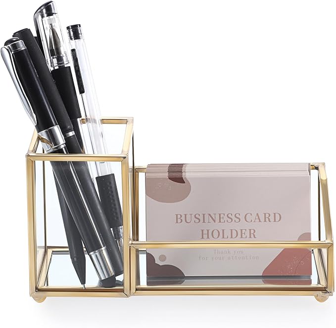 Hipiwe Glass Business Card Holder with Pen Pencil Holder Cup Gold Metal Name Card Display Organizer Desktop Business Card Storage Case for Office Desk, 2 Slots