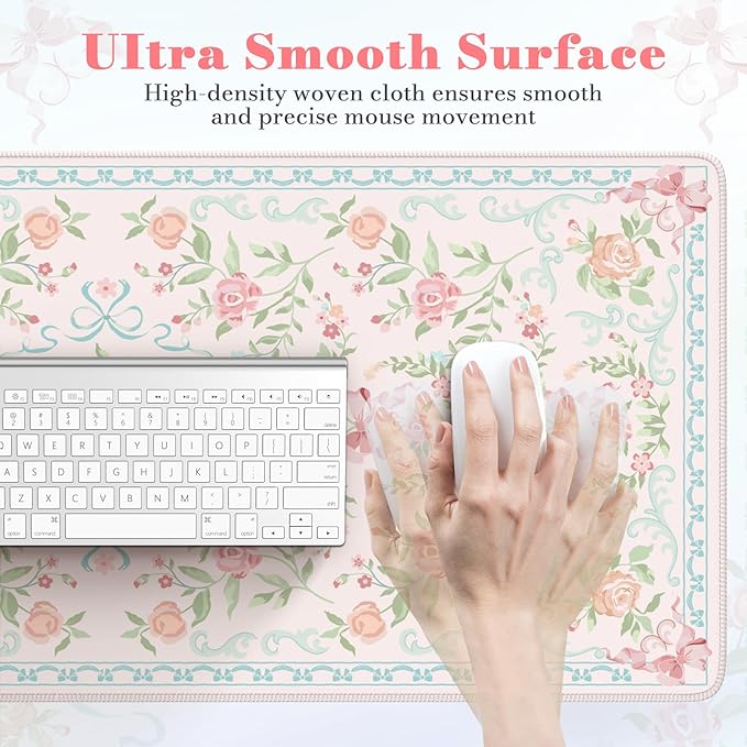 HAOCOO Blue Floral Keyboard Pad, 35.4" x 15.7" Large Mouse Pad for Desk, Non-Slip Waterproof Keyboard Mat, Cute Girly Desktop Mat for Office & Home Decor, Computer Desk Accessories with Stitched Edges