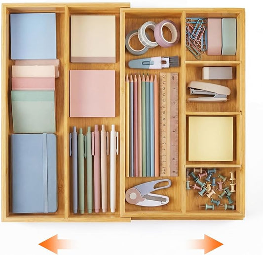 Bamboo Sliding Desk Drawer Organizer 8.2'' up to 16.4'' x 14.4'' x 2.2'' Expandable Office Desk Accessories Supplies Tray with 7 Compartments for Pens, Notebooks, Rulers, and Makeup Jewelry Vanity