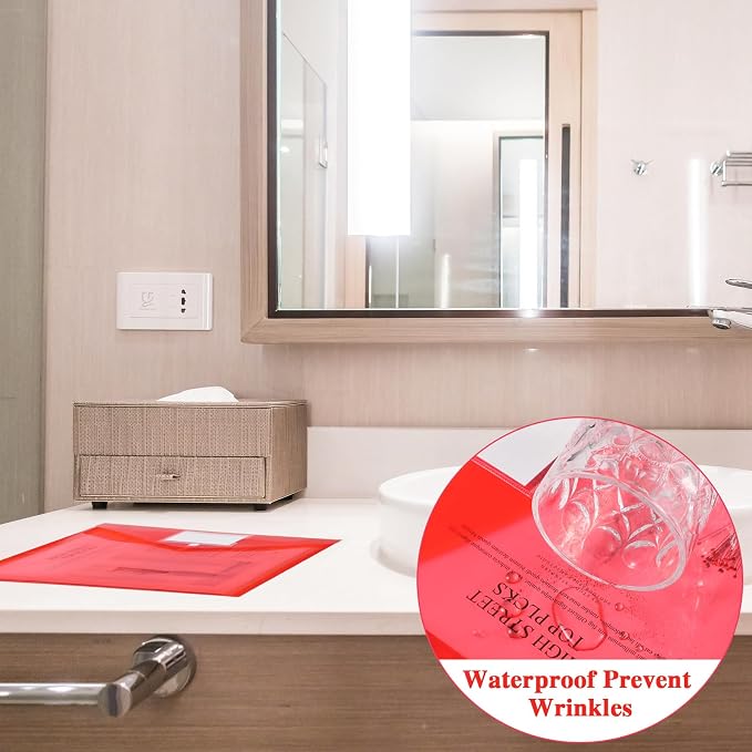Lincia Plastic Envelopes A4 Size Poly Envelopes File Folders Work Document Holder Office Paper Plastic File Organizer with Label Pocket Snap Button Home Bag for School(Clear Red,24 Pcs)
