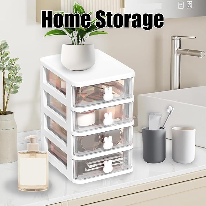 Desk Organizer with Drawer, Stackable Makeup Organizer White, Small Plastic Storage Box for Desktop, Bathroom Counter or Dresser, School, Home, Office (3 Tier)
