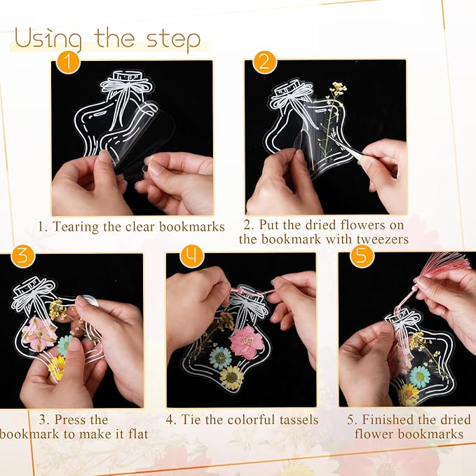 TaoBary 152 Pcs DIY Transparent Dried Flower Bookmark Set Handmade DIY Bookmarks with Dried Pressed Flowers Leaves Butterfly Stickers Colorful Tassels and Tweezers for Reader Writer (Pastel Color)
