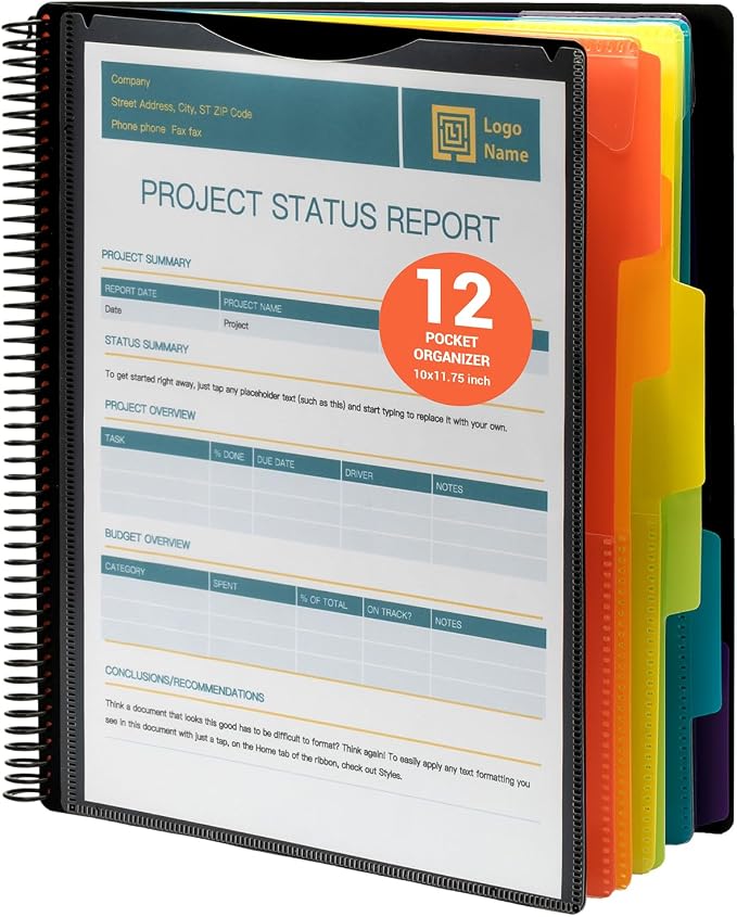 Mukawa 12 Pocket Poly Project Organizer, Spiral Project Folder Multi Pocket Folder Binder Letter Size, Back Cover Utility Pouch, 1/6 Cut Tabs, 6 Tab Color Dividers, Clear View Customizable Front Cover
