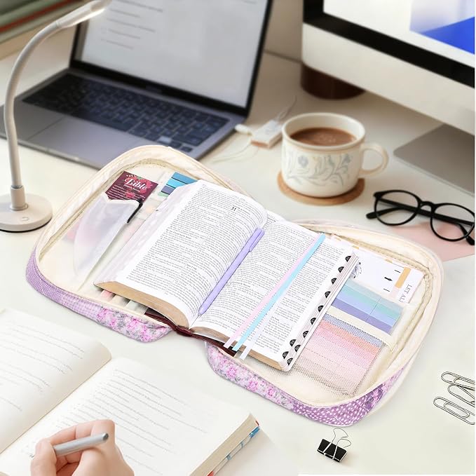 XKDOUS Bible Cover for Women Church Book Holder Quilted Carrying Case with Handle, Tabs, Study Supplies Portable Bible Bag Journaling Kit Christian Gifts for Mom Lady