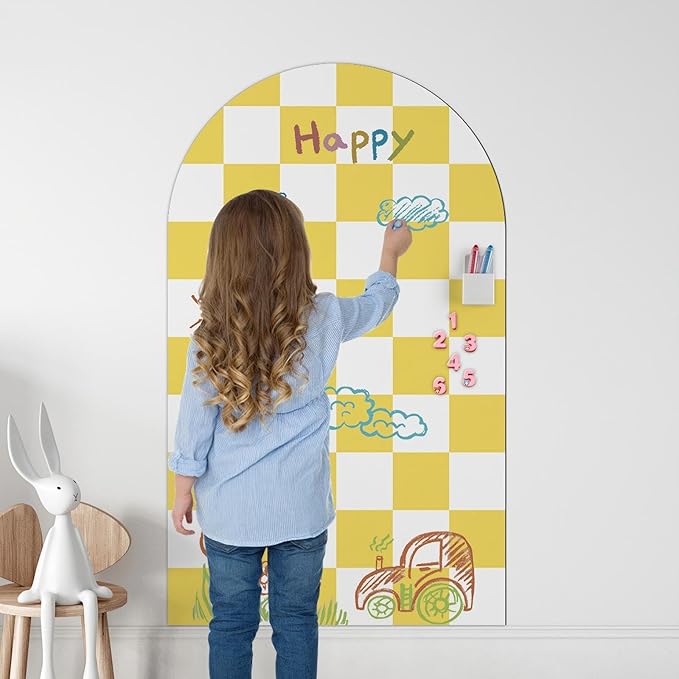 Magnetic Chalkboard Wall Decal 24''x40'' Arch - Removable Reusable Peel and Stick (No Wall Damage) Extra Strong Magnetism - Easy Clean Chalkboard for Home Office Playroom (Yellow White Checker)