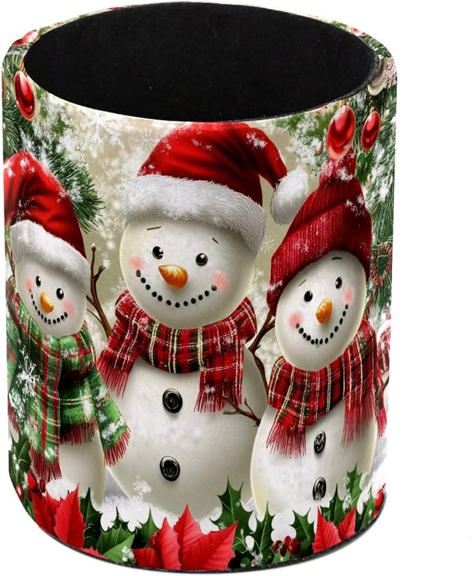 Pencil Holder for Desk, Christmas Snowman Tree Pen Cup Makeup Brush Holder, Leather Desktop Organizer Storage Case Stationery for School Home Office Supplies