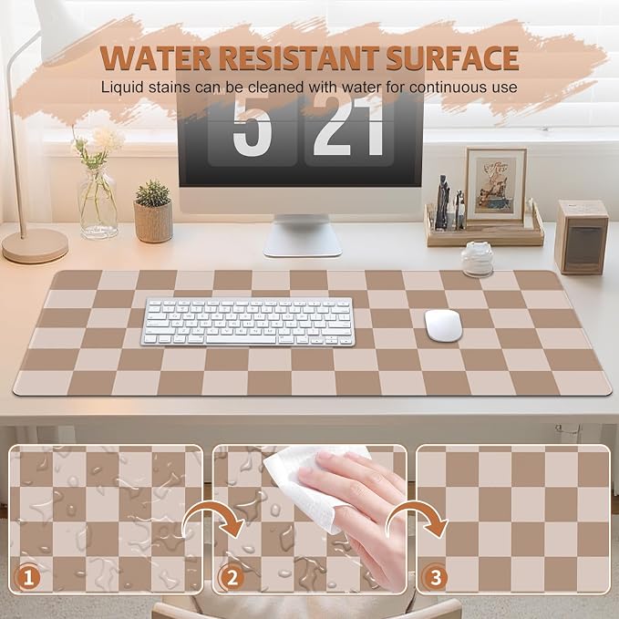 Big Desk Pad Mouse Pad, Large Gaming Mouse Mat with Stitched Edges, Non-Slip Waterproof Rubber Base Mous Mat for Office Computer Keyboard Laptop Home Decor (35.4X17.5 in), Milk Tea Brown Checkered