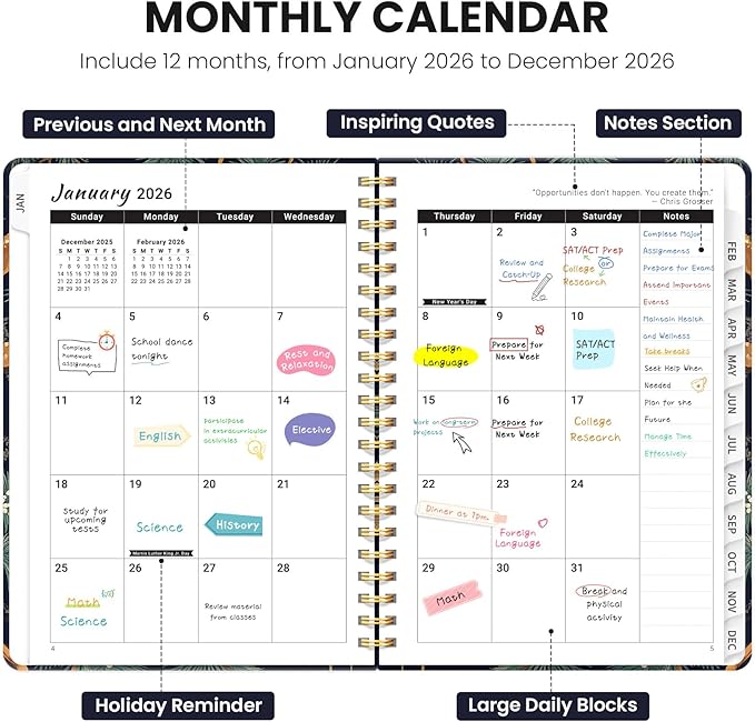 2026 Planner, Weekly and Monthly Planner for Women, January 2026 - December 2026, Hardcover 2026 Calendar Planner Book with Tabs, Inner Pocket, Spiral Bound, Perfect for Office Home School Supplies - A4 (8.5" x 11"), Crane