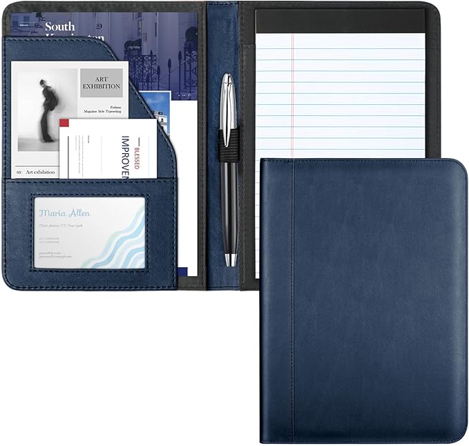 Portfolio/Business Padfolio Binder, Mini Size Document Folder Organizer, Padfolio with Interior Pocket and Pen Loop, 5 x 8 Writing Pad Included, Navy Blue