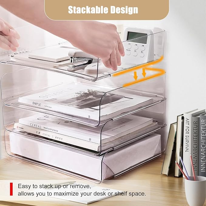 Clear Stackable Paper Trays 4 Pack, PET Letter Tray Desk Organizer, Desktop Organizers and Storage for Books, Magazines, Folders, A4 Size File Paper, Office Supplies