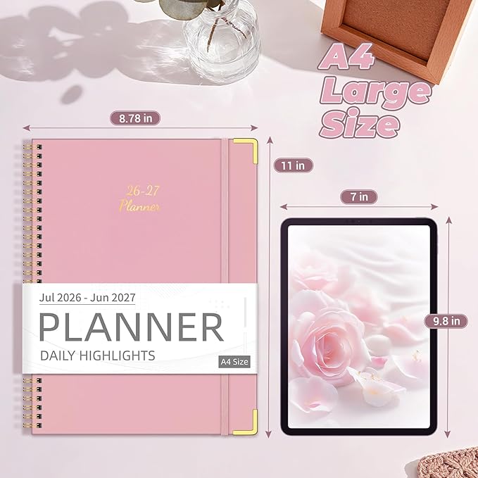 Academic Planner 2026-2027 (8.5" x 11") - Weekly & Monthly Planner (Jul. 2026 - Jun. 2027), Column View Calendar Organizers, Hardcover Agenda Book with Tabs for Office & School, Pink