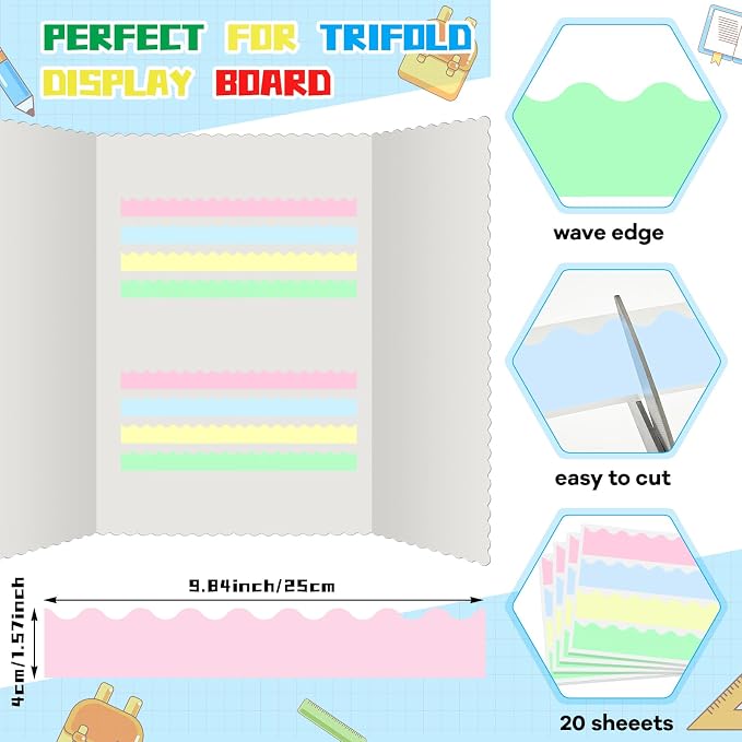 Henoyso 100 Pcs Science Fair Board Supplies Back to School Include 80 Trim Scalloped Bulletin Borders 20 Project Printable Adhesive Paper for Classroom Office Display(Macaron Color)