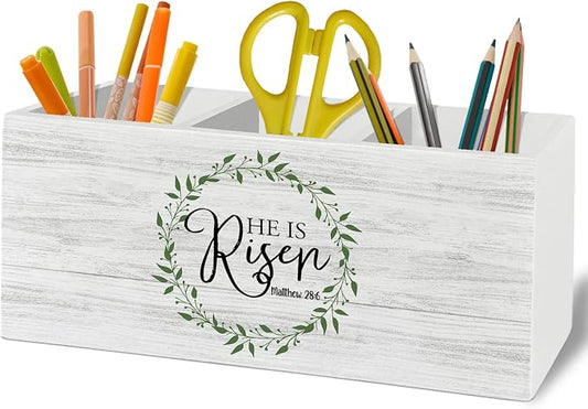 Easter Christian Pen Pencil Holder Organizer for Desk Accessories, He Is Risen Bible Verse Wooden Box Sign Desk Decor for Home Office Decoration, Religious Easter Decor