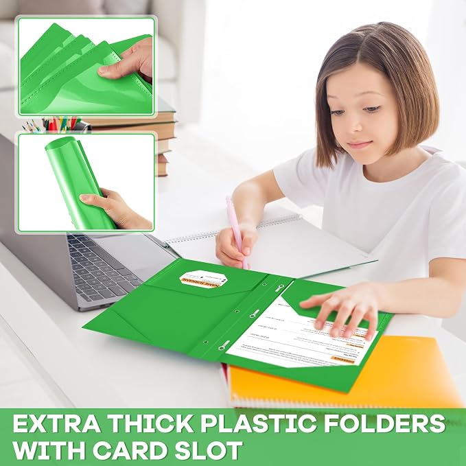 Henoyso 18 Pcs Plastic Folder with Clear Front Pocket and 3 Prong Plastic Folders with Card Slot Pocket Folders with Prongs for School Office (Fresh Green)
