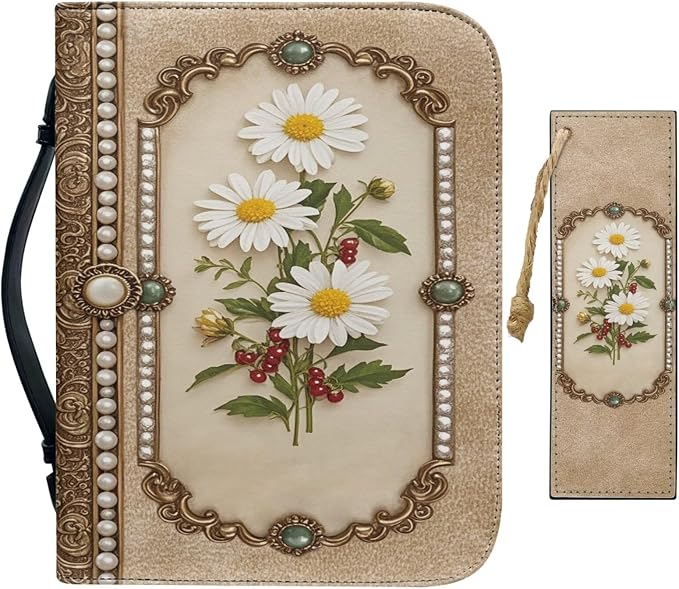 Vintage Elegant Style Flower Bible Case with Bookmark Waterproof Bible Cover Case for Women Lightweight Bible Bag with Handle Pockets Church Book Bag Brown