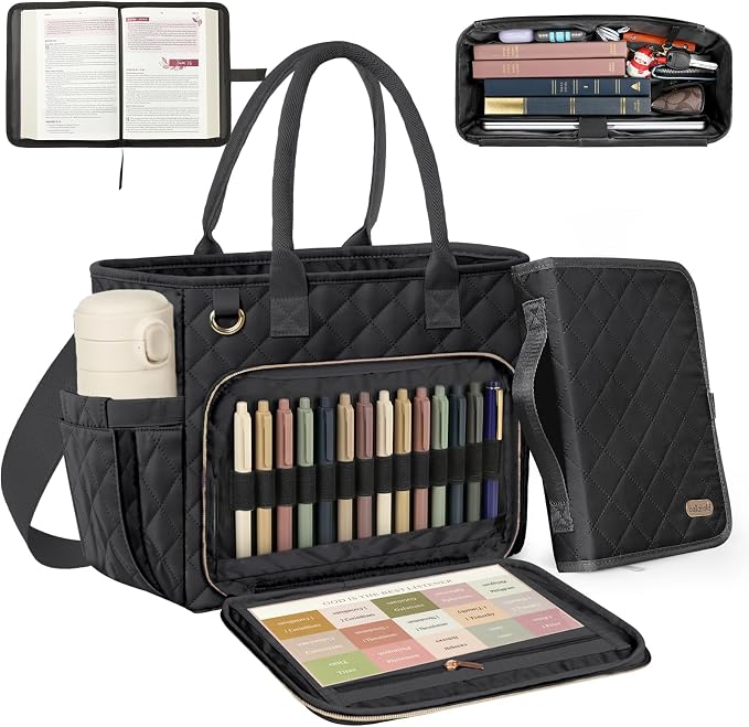 BellaHold Large Bible Bag with Bible Cover Case for Women, Church Bag with Shoulder Strap, Quilted Bible Tote Bag for Bible Study Supplies, Christian Gift for Women, Black（Only Bag & Cover）