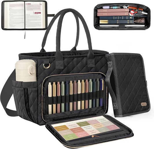 BellaHold Large Bible Bag with Bible Cover Case for Women, Church Bag with Shoulder Strap, Quilted Bible Tote Bag for Bible Study Supplies, Christian Gift for Women, Black（Only Bag & Cover）