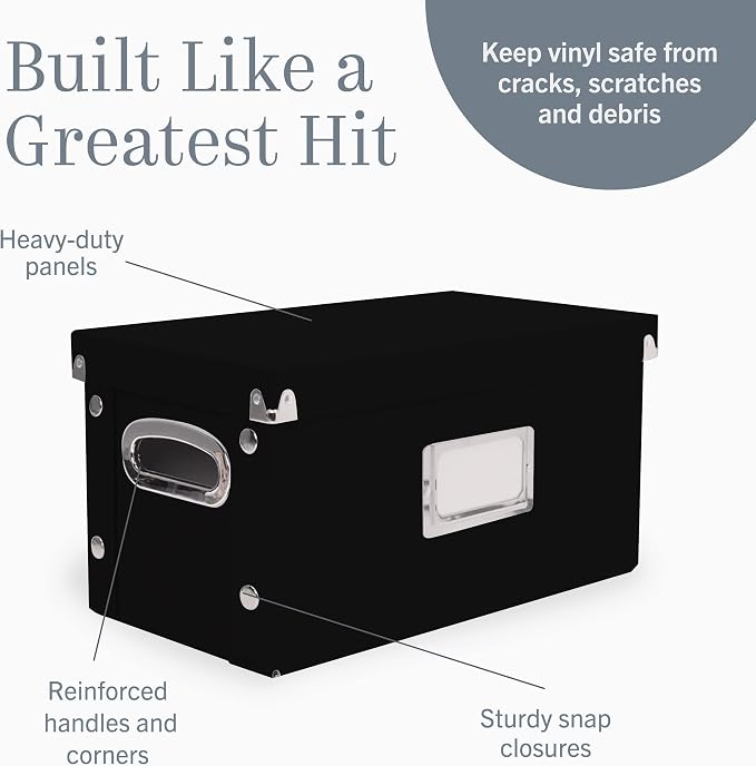 Snap-N-Store Vinyl Record Storage Box - 7"/45 RPM - 2 Pack- Crate Holds up to 75 Vinyl Albums - Black