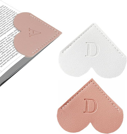 2Pcs Personalized Leather Heart Bookmark with Initial, 26 Letters Custom Corner Page Book Mark for Reading Women, Book Lovers, Teachers, Students, Cute Book Accessories Gifts(White+Pink, D)