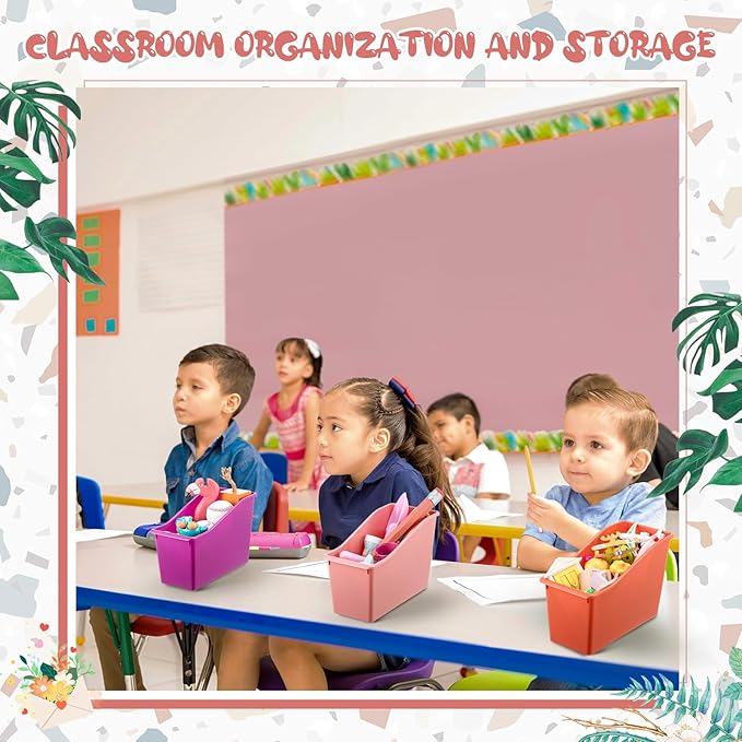 Geetery 12 Pcs Book Bin for Classroom with Labels Stackable Plastic Organizing Bins 11.5 x 5.4 x 7.5 in Book Holders Storage Bins Box Baskets for Classroom Library Home (Wildflower Color)
