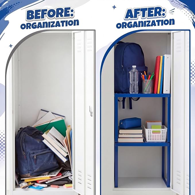 Colarr 2 Pcs Locker Organizer Shelf Stackable 2-Tier Shelves Fits Standard Size School Lockers Heavy Duty Metal Locker Shelf for School Office Gym Lockers Home Storage 11x 10 x 12 Inch(Deep Blue)