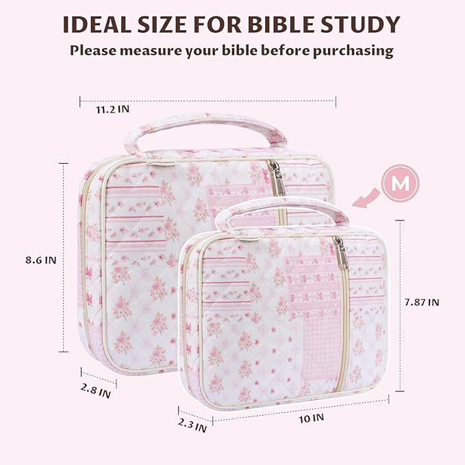 shirabags Quilted Bible Cover Case for Women - Elegant Cotton Bible Bag for Study, Church, Christian Gifts for Women (Pink Bow Patchwork, M)