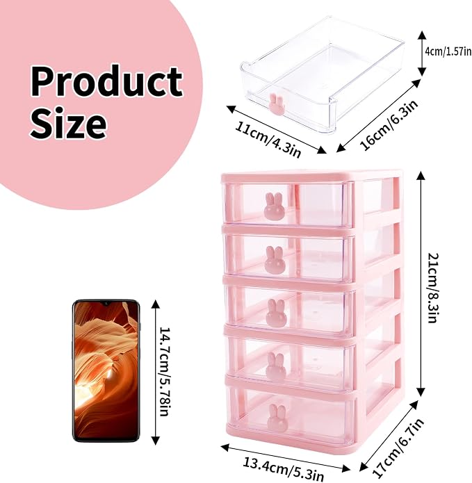 CEYAZYE Small Desk Organizer with Drawer, Stackable Makeup Organizer White, Mini Plastic Storage Box for Desktop, Bathroom Counter or Dresser, School, Home, Office (Pink-5 Tier)
