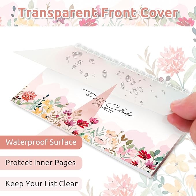 Pocket Calendar 2025-2027, Small Pocket Planner 2026 for Purse - 3.5’’×6.5’’ - From July 2025 - December 2027, Daily Monthly Agenda with Coil for Planning - Pink Flower