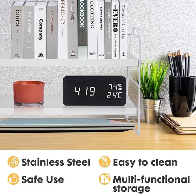 PowerKing Desk Shelf Organizer, 2-Tier Desktop Shelves with Wood Board, Adjustable Bookshelf Storage Rack for Home Office School Study Room (White Frame + White Wood)