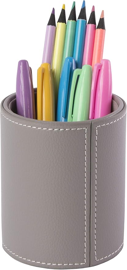 Osco Grey Faux Leather Pen Pot, Desk Tidy Pencil Holder, Office Organiser, Makeup Brush Holder, Stationery Storage, Cosmetics Display, Home Office Accessories, Compact Desk Organiser