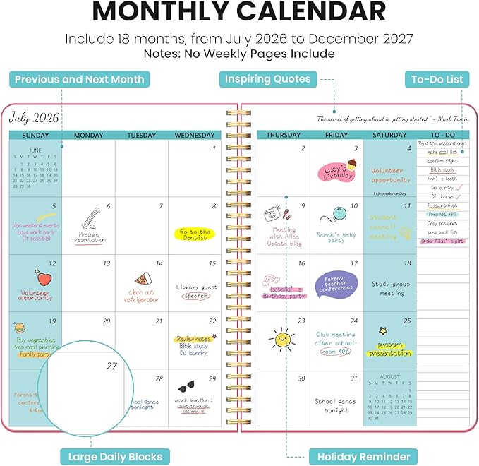 Monthly Planner 2026-2027, 18 Months Calendar Planner 2026-2027, Runs from July 2026 - December 2027, 7" x 10", Perfect for School Office Home Planning - Peach Pink