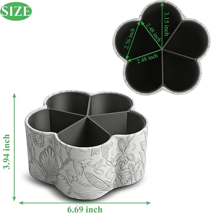 Flower Shaped Leather Art Supply Organizer,Remote Control Holder,360 Degree Spinning,Multi-Functional Pencil Holder,5 Compartments Desktop Stationary Organizer(1-Flower Grey)