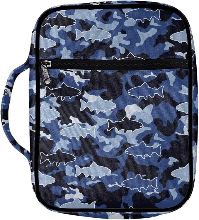 Coldinair Camouflage Shark Bible Cover for Men Large Bible Case Scripture Study Carrying Book Cover Church Bag Protective with Handle and Zippered Pocket