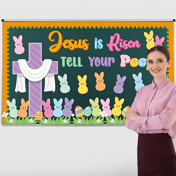 Easter Peeps Bulletin Board Decorations Easter Egg Bunny Spring Paper Cutouts Jesus is Risen Religious Bulletin Board for Church Sunday School Office Chalkboard Wall Door Decor Supplies