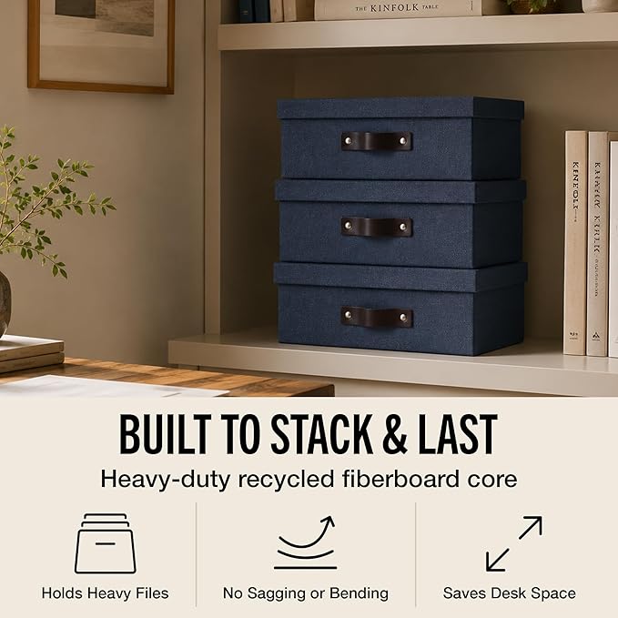 Bigso Oskar Canvas Fiberboard Document Letter Box | File Organizer Document Box for Important Paperwork | Document Storage Box with a Lid & Handle | 3.3″x10.2″x13.8″ | 3 Pack | Blue