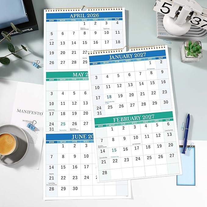 Wall Calendar 2026-2027 - 3 Month Calendar Vertical, April 2026 to June 2027, Calendar 2026-2027 with Large Blocks, 11'' x 26'' (Open)