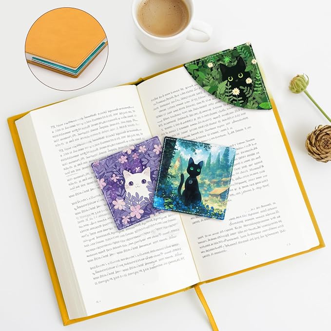Icycay Black Cat Corner Bookmarks, Cute Leather Book Accessories for Book Lovers, 3 Pcs Reading Book Page Markers for Women Men Student Teacher Girls Boys Kids Retirement Birthday Gifts (Garden)