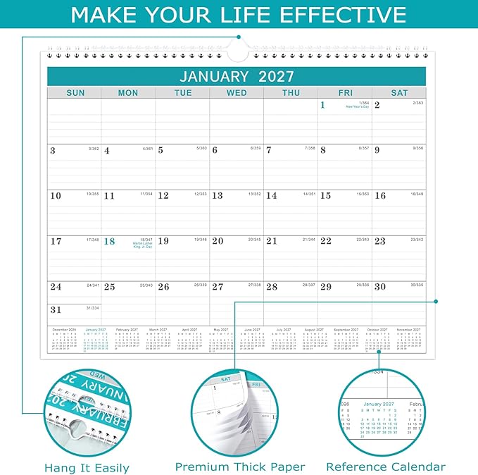 Lemome Calendar 2026-2027 Office Home Planning & Organizing, July 2026 to December 2027, Thick Paper, Julian Date, Large Monthly Wall Hanging Spiral Planner for Family and Work - Green 11.5" x 14.6"