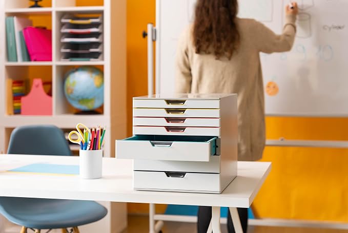 Durable VARICOLOR 7 Drawer Unit - White Desktop Drawer Set with 7 Color Coded Draws - Letter Size Files - Perfect for Storing Documents and Paper Work