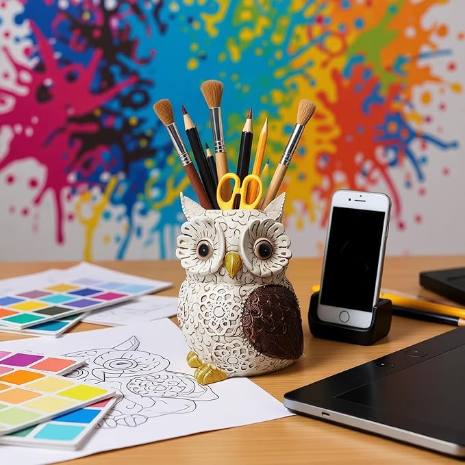 MUAMAX Owl Pen Holder, Owl Pencil Holder for Desk, Makeup Brush Holder Resin Resin Desk Organizer Decorative Accessories, Cute Pencil Cup Pot Desktop for Office Supplies, Classroom, Home