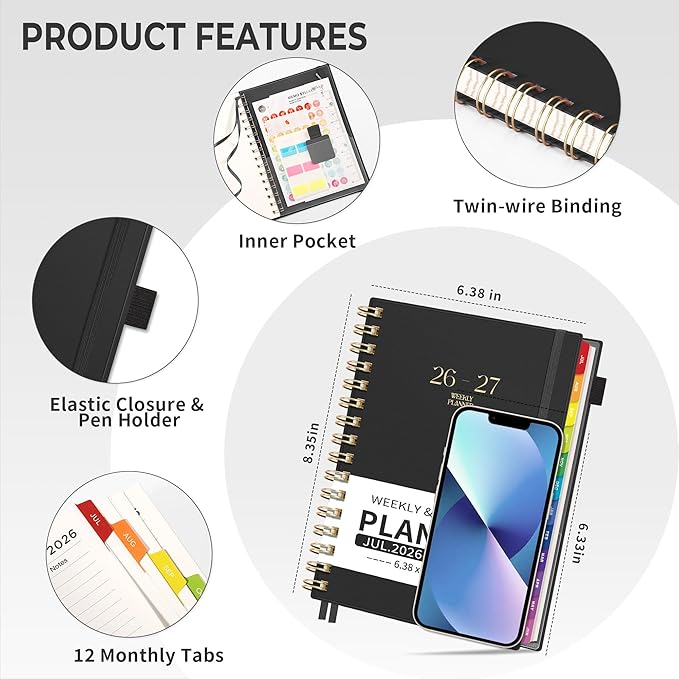EMSHOI Academic Planner 2026-2027, Weekly and Monthly Calendar (July 2026 - June 2027), School Student Teacher Agenda Book, 100GSM Paper, PVC Cover, Colorful Tabs, A5 (6.38" x 8.35"), Black
