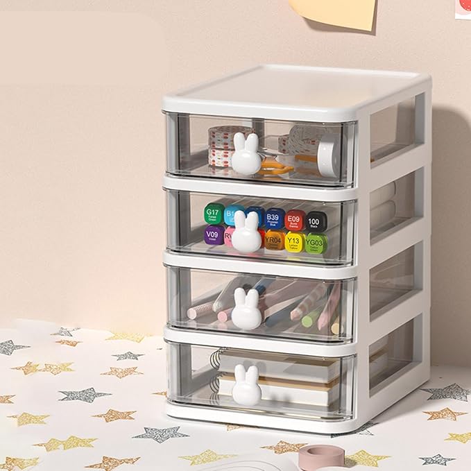 Plastic Desktop Storage Box Drawers, Stackable Desk Organizer with Bunny Handle Desktop Drawers Multi Tier for Office School(Clear) (White Four Layers)