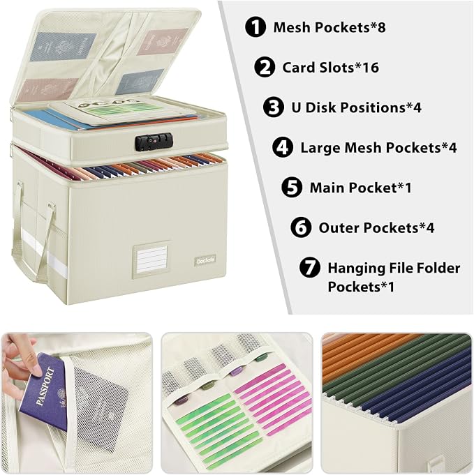 DocSafe File Box with Lock,Multi-Layer Fireproof Document Box Collapsible File Storage Organizer with Pockets/Handle,Large Portable Home Office Filing Box for Hanging Letter/Legal Size Folders,Beige