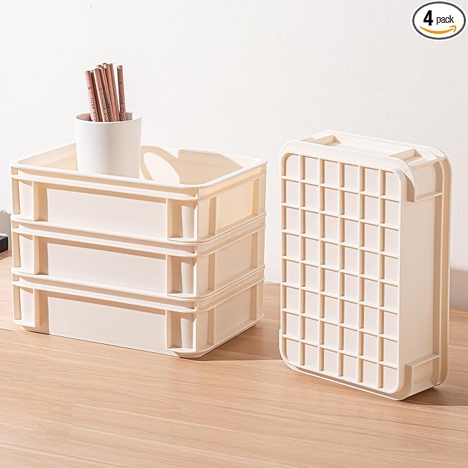 Extra-Large Stackable Storage Bin with Open Top for Quick Access! Heavy-Duty Desktop Organizer for Office, Living Room, & Bathroom.10.63''*7.4''* 2.95''(Beige, 4Medium)