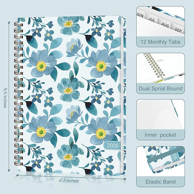 2026 Planner, Weekly and Monthly Academic Planner Calendar (JAN.2026 - DEC.2026), Planning Agenda Book, for Office Desk Accessories and School Supplies, A5(6.3" x 8.5") (Blue Blossoms)
