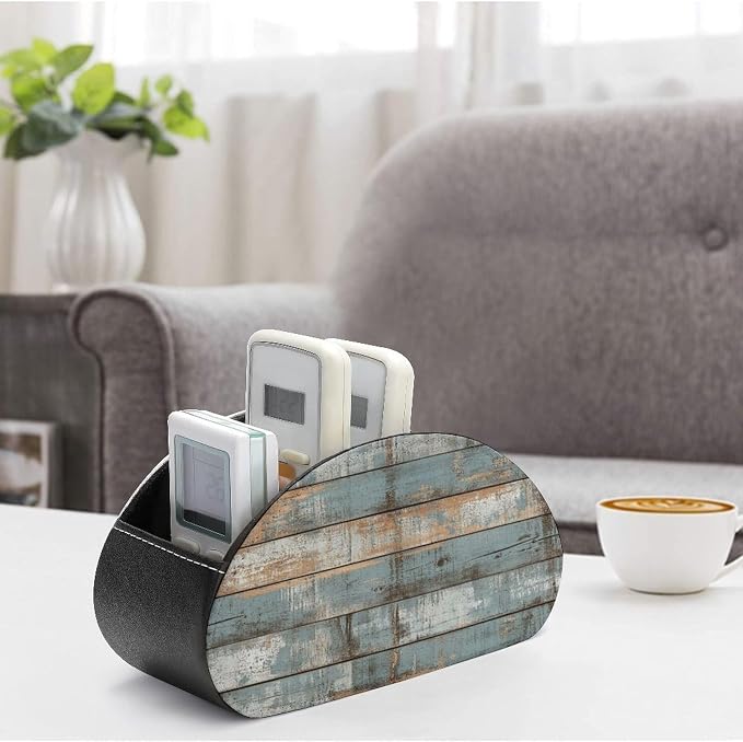 Rustic Weathered Horizontal Planks Wood Remote Control Holder with 5 Compartments Leather TV Remote Caddy Remote Storage Box Desktop Organizer for Pen/TV Remotes/Media Controllers/Office Supplies
