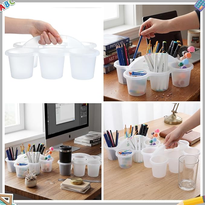 Reallnaive 6 Pack Classroom Caddy Plastic Cup Crayon Pen Holder with Handle, 6-hole Cup Storage Art Caddies Table Organizer for Drink Delivery Pencil Pen School Office Art Crafting (Clear)