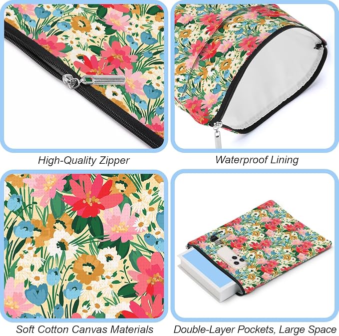 jeilink Book Sleeve Book Protector Book Pouch Book Lovers Gifts Bookish Gifts Book Cover with Zipper for Hardcover Paperback Washable Floral Printed Gift Bag for Women Bride Nurse Birthday, BookCover