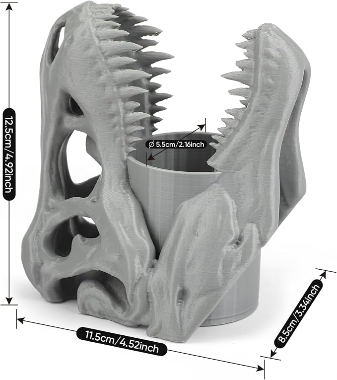 Cool Dinosaur Pen Holder, Dinosaur Skull Figurine Pencil Holder for Office Desk Decor, Funny Easter Gifts for Men and Boys, Grey T-Rex Desktop Organizer